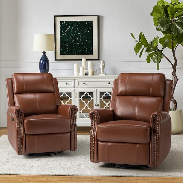 JAYDEN CREATION Joseph Genuine Leather Swivel BROWN Manual Recliner with  Wooden Arm Accents and Straight Tufted Back Cushion (Set of 2)  RCCZ0827-BRN-S2 - The Home Depot