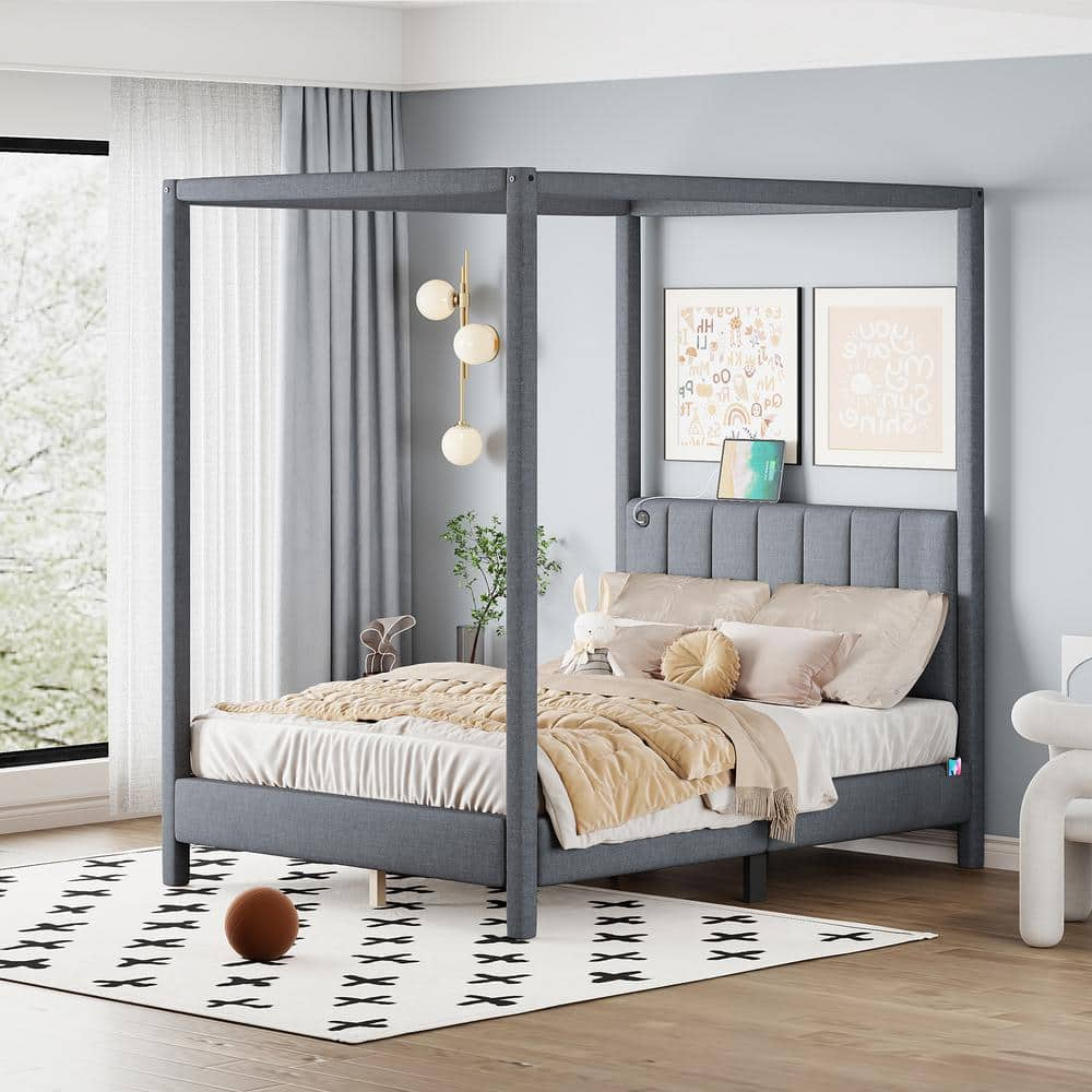 Gray Wood Frame Queen Canvas Upholstered Canopy Bed with USB, Type-C Ports, Center Support Legs, 2-Side Storage Pockets -  Harper & Bright Designs, NT060AAE-Q