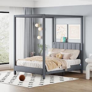 Gray Wood Frame Queen Canvas Upholstered Canopy Bed with USB, Type-C Ports, Center Support Legs, 2-Side Storage Pockets