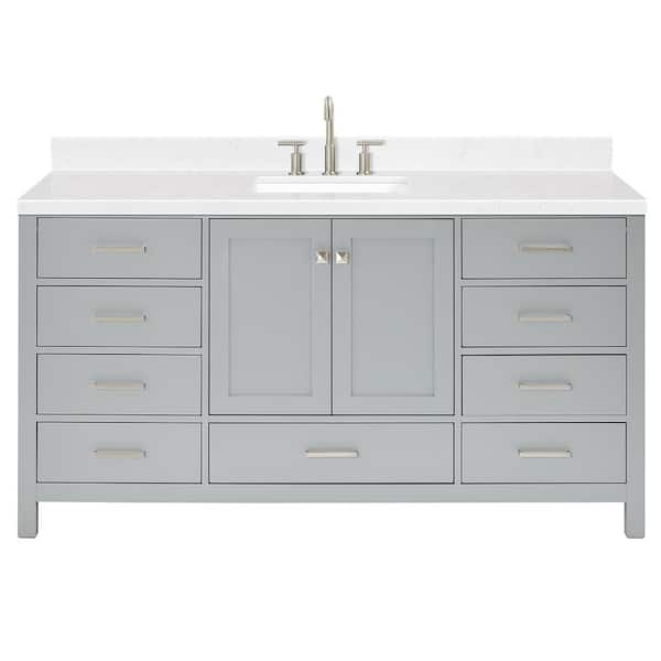 Cambridge 66 in. Single Sink Freestanding Bathroom Vanity in Gray with Carrara White Quartz Top