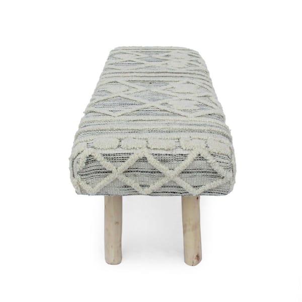 Noble House Laveta Ivory Knit and Natural Fabric and Wool Upholstered Bench