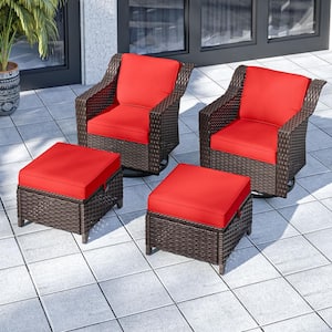 4-Piece Wicker Patio Conversation Set Swivel Outdoor Rocking Chair with Red Cushions