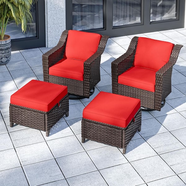 4-Piece Wicker Patio Conversation Set Swivel Outdoor Rocking Chair with Red Cushions