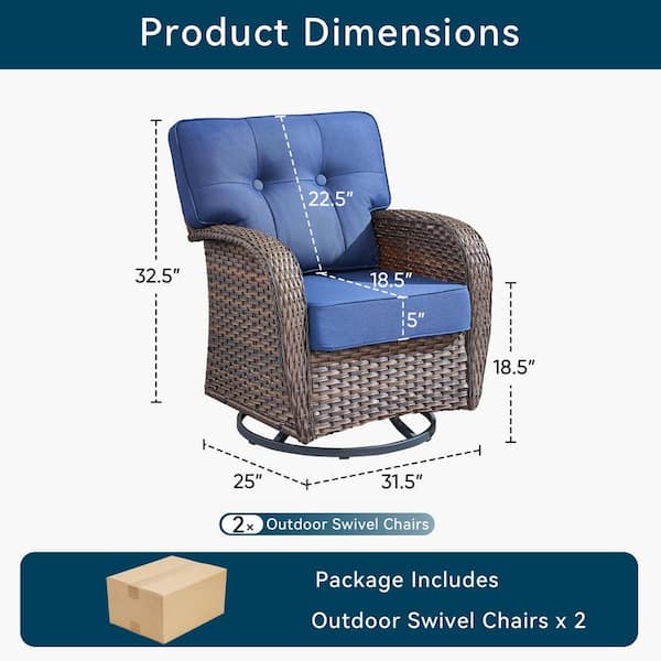 Tidalis 2-Person Outdoor Wicker Swivel Glider Chair Set Patio Bistro Set of 2 with 5 in. Thick Blue Cushion for Porch