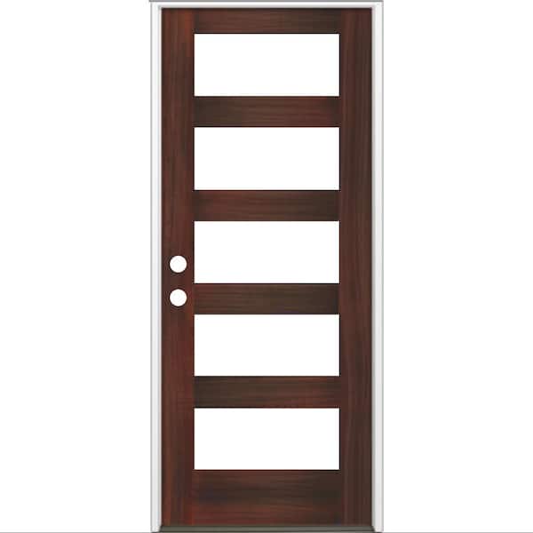 Krosswood Doors 32 in. x 80 in. Modern Hemlock Right-Hand/Inswing 5-Lite Clear Glass Red Mahogany Stain Wood Prehung Front Door