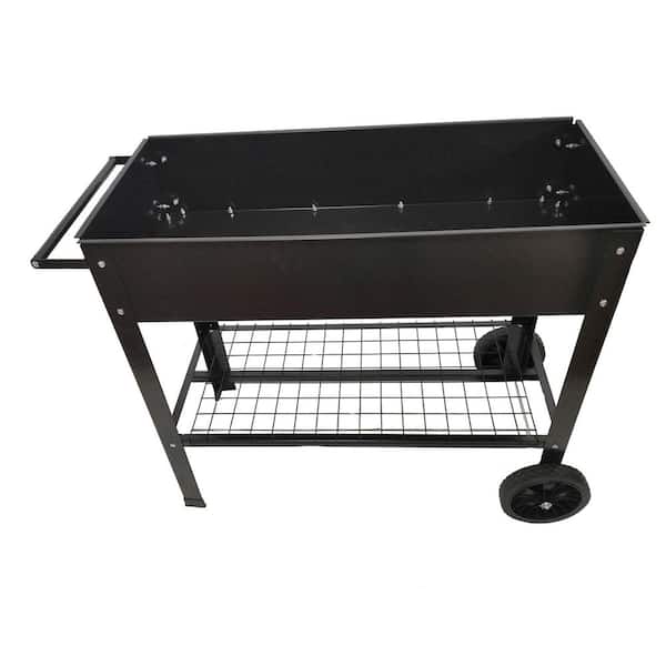 Black Metal Elevated Garden Bed Outdoor Flowerpot Box with Drainage, Wheels and Armrests