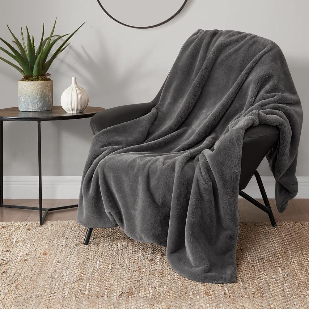 Solid Rabbit Mink Dark Gray 50 in. 70 in. Plush Faux Fur Throw Blanket