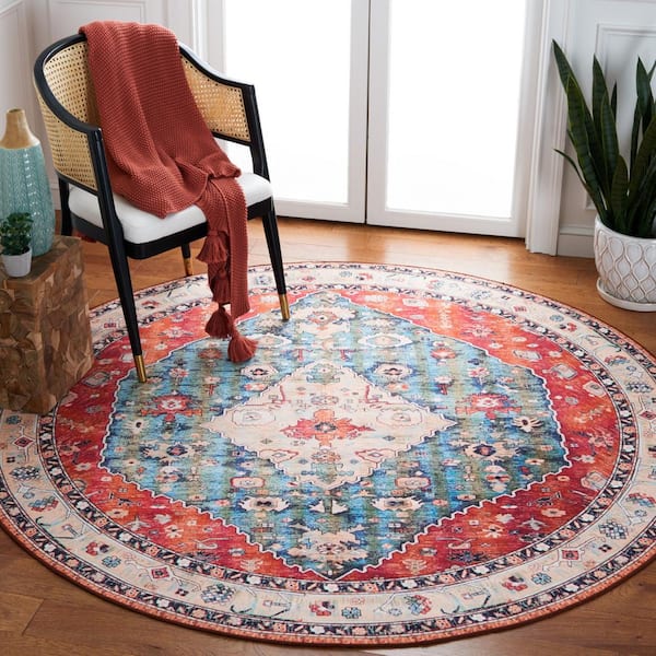 Tucson Beige/Blue 8 ft. x 8 ft. Machine Washable Floral Border Round Area Rug