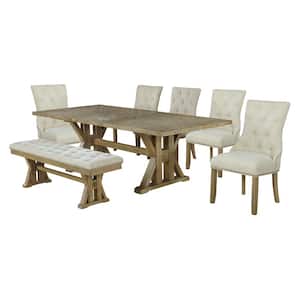 Kara 7-Piece Beige Linen Fabric Dining Set with Side Chairs and Bench.