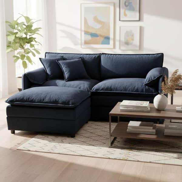 ROYET 75.6 in. W Pillow Top Arm Chenille 3-Seater Modular Sofa with Chaise, Pillows, and Storage Pocket in Midnight Blue