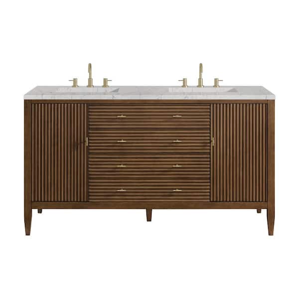 James Martin Vanities Mirin 60 in. W x 23.5 in. D x 34.06 in. H Double Bath Vanity in Mid-Century Walnut Eternal Jasmine Pearl Qt. Top