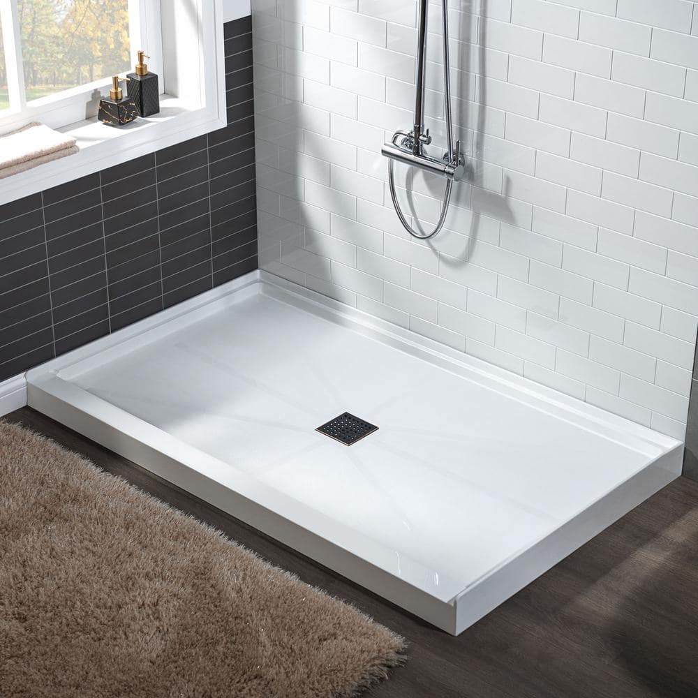 60" x 36" White Solid Surface Rectangular Shower Pan Base with Oil-Rubbed Bronze Drain Cover