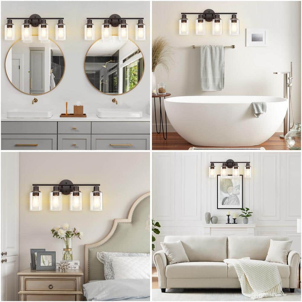 Oil Rubbed Bronze 4-Light Bathroom Vanity Fixture with Clear Glass Shades