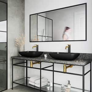 Matte Shell Sottile Glass Rectangular Vessel Bathroom Sink in Black with Lexington Faucet and Pop-Up Drain in Matte Gold