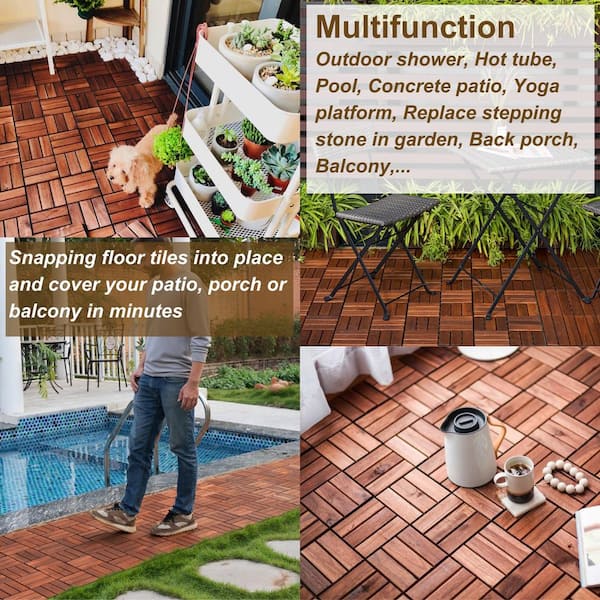 Amucolo 12 in. x 12 in. Checker Pattern Acacia Wood Interlocking Deck Tiles in Brown for Patio, Pool Side (Set of 20 Tiles)