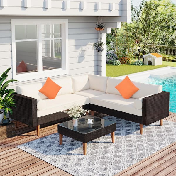 Unbranded Brown 4-Piece Wicker L-Shape Patio Conversation Set with Beige Cushions, Colorful Pillows, Column Pillows