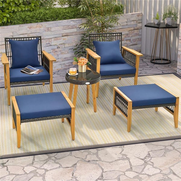 Costway Navy 5-Piece Metal Patio Conversation Set with Coffee Table and 2 Ottomans
