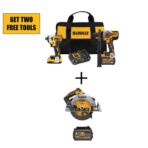 DEWALT 20V MAX Cordless Brushless Hammer Drill/Driver Combo Kit, 20V Circ Saw, and (1) FLEXVOLT 6.0Ah Battery