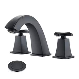 SWUP 8 in. Widespread Double Cross Handle Bathroom Faucet Combo Kit with Drain Included and Pop Up Drain in Matte Black