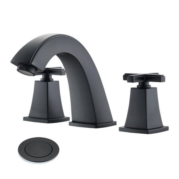 MYCASS SWUP 8 in. Widespread Double Cross Handle Bathroom Faucet Combo Kit with Drain Included and Pop Up Drain in Matte Black