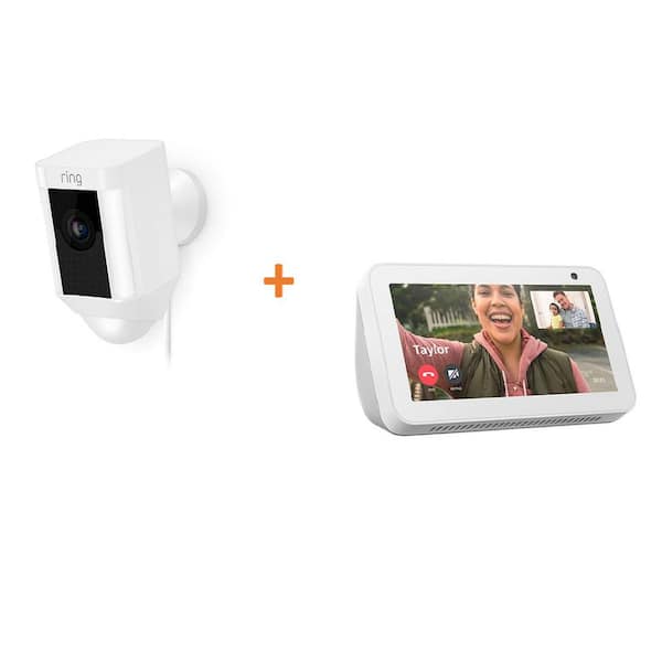 Amazon Wired Outdoor Rectangle Spotlight Security Camera in White with Echo Show 5 in Sandstone