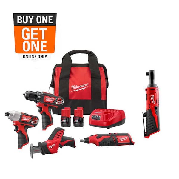 Milwaukee M12 12V Lithium-Ion Cordless 4-Tool Combo Kit with (2) Compact 1.5Ah Batteries, Charger and M12 3/8 in. Ratchet