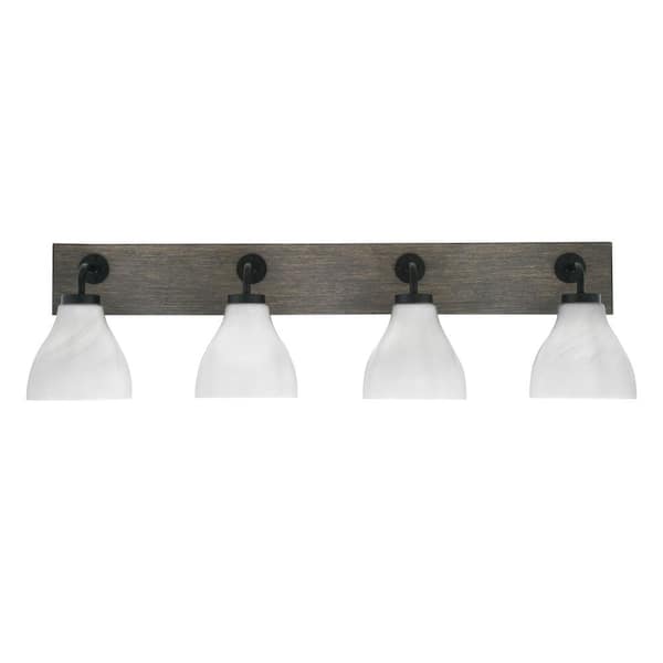 Unbranded Kirby 37 in. 4 Light Black and Painted Wood-look Vanity Light with 6.25 in. White Marble Glass Shades No Bulbs Included