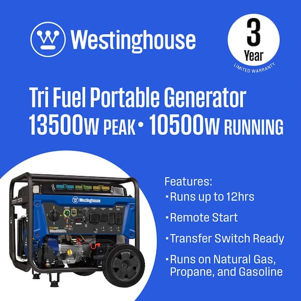 13,500/10,500-Watt Remote Elecric Start Tri-Fuel Gas, Propane, Natural Gas Powered Portable Generator w/ 50A Outlet