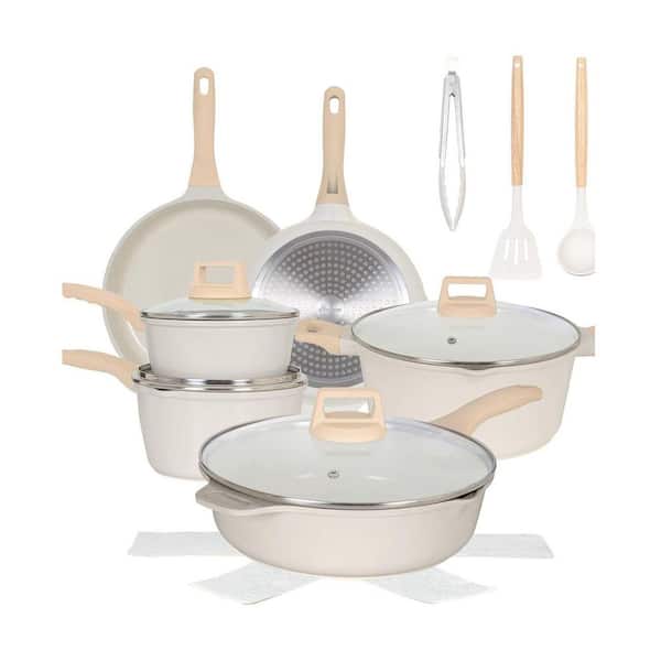 Lynzavix 17-Piece Kitchen Cookware Set, Non Stick Pots and Pans Set, Induction Cookware with Utensil and Pan Protectors, White