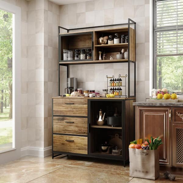 Shelves Kitchen Sideboard Depot W Buffet Wood with Doors, in. Dining - Brown The Mesh 39.4 Cabinet For FUFU&GAGA Room KF210210-01 3-Drawers, Metal Pantry Home