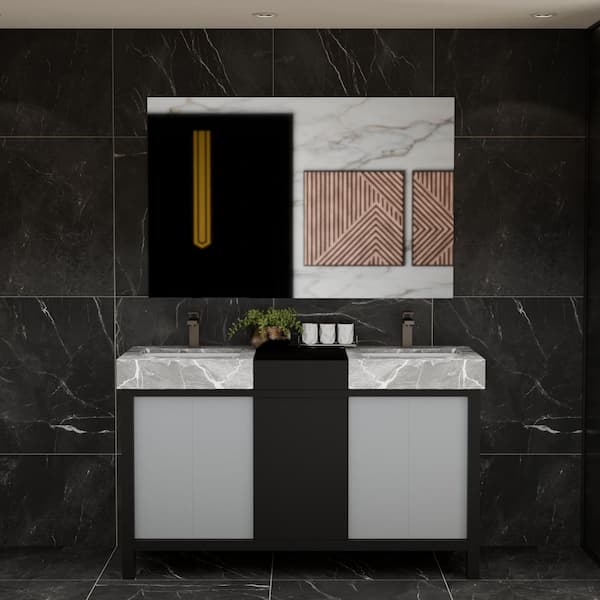 Zilara 55 in x 22 in D Black and Grey Double Bath Vanity, Castle Grey Marble Top, Gun Metal Faucet Set and 53 in Mirror