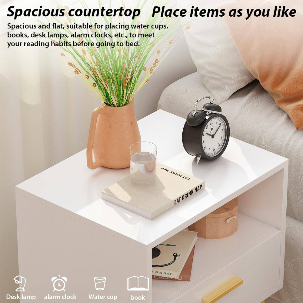 White Particle Board Nightstand with Drawer and Open Compartment
