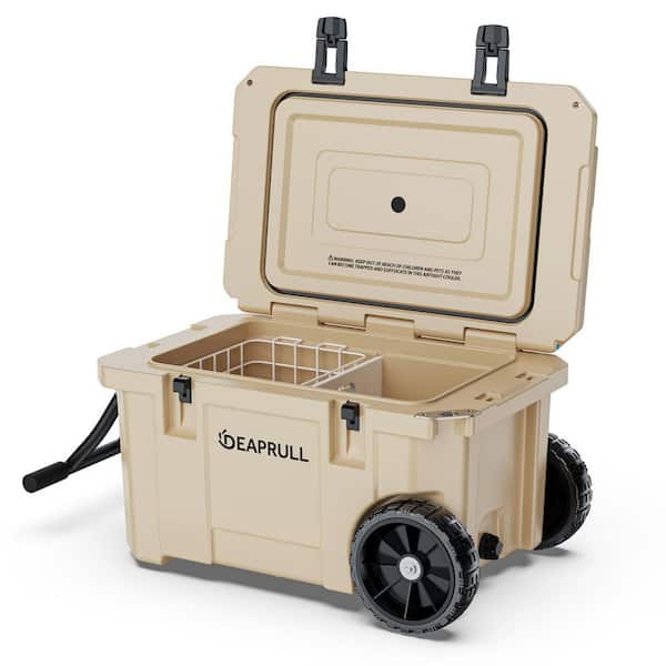 Khaki 55 qt. Portable Chest Cooler, Leak-Proof Outdoor Insulated Cooler with Handle and Wheels, Bottle Opener