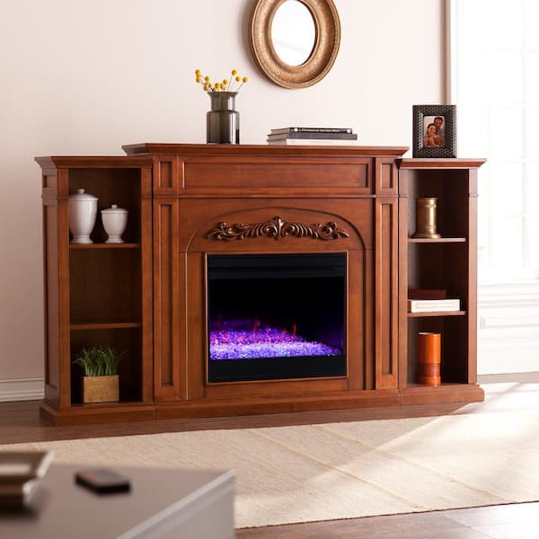 Overton Color Changing 73 in. Electric Fireplace with Bookcases in Autumn Oak