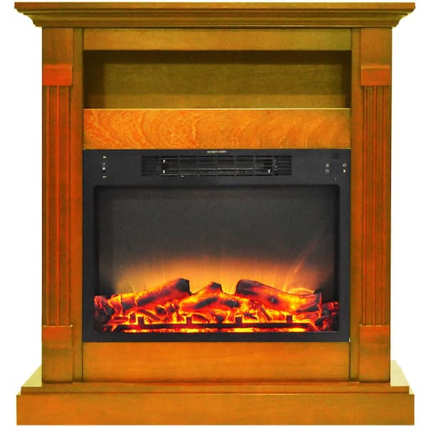 Cambridge Sienna 34 in. Freestanding Electric Fireplace with Storage Shelf plus Logs and Grate Insert in Teak