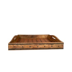 18 in. W x 12 in. D x 3 in. H Brown Handcrafted Rectangular Mango Wood Serving Tray with Rivet Accents and Metal Trim