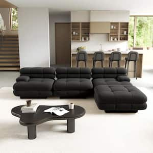 Vintage 109 in. Square Arm 4-Piece Velvet Curved Soriana Sectional Sofa with Ottoman in Black