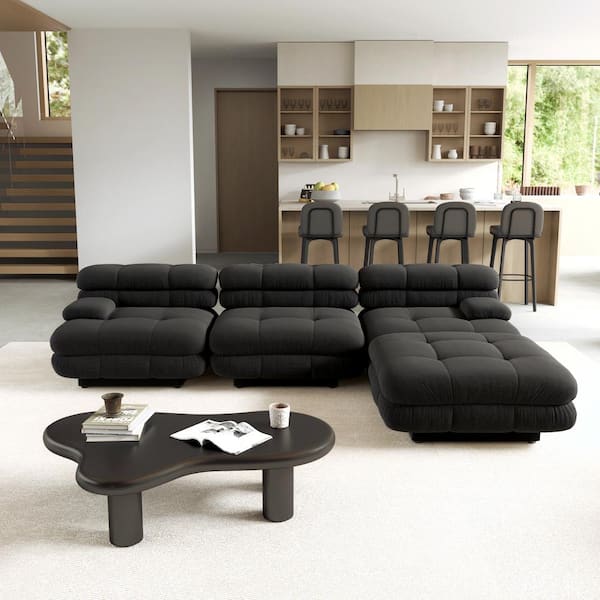 Magic Home Vintage 109 in. Square Arm 4-Piece Velvet Curved Soriana Sectional Sofa with Ottoman in Black