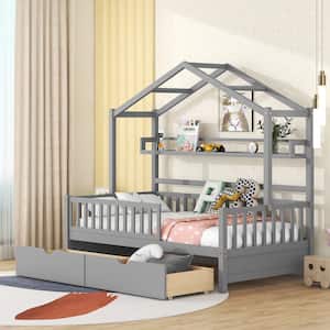 Gray Wood Frame Twin Size House Platform Bed with 2-Drawer, Long Shelf and Full-Length Fence Guardrails