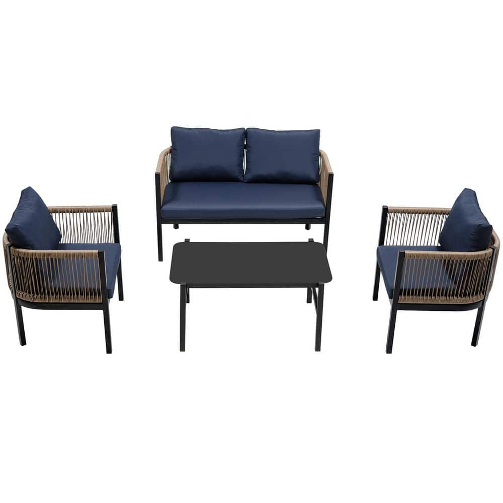 4 Pieces Metal Patio Conversation Set with Tempered Glass Table and Dark Bl
