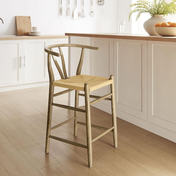 Amish Wood Rope Counter Height Non-Upholstered Stool in Weathered Gray Teak-25 Inch Seat Height Retro Stool