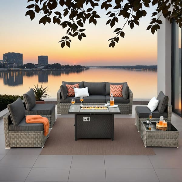 Sanibel Gray 8-Piece Wicker Patio Conversation Sofa Sectional Set with a Metal Fire Pit and Black Cushions