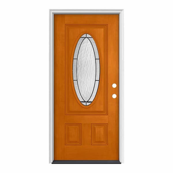 JELD-WEN 34 in. x 80 in. 3/4 Oval Lite Wendover Saffron Stained Fiberglass Prehung Left-Hand Inswing Front Door