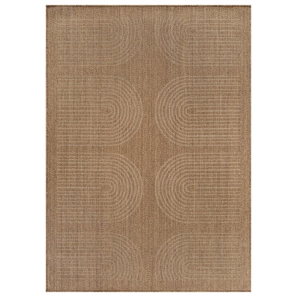 Geometric Border Sand/Natural Easy-Care Jute-Style Indoor/Outdoor Flat Woven 9 ft. x 12 ft. Sand Area Rug