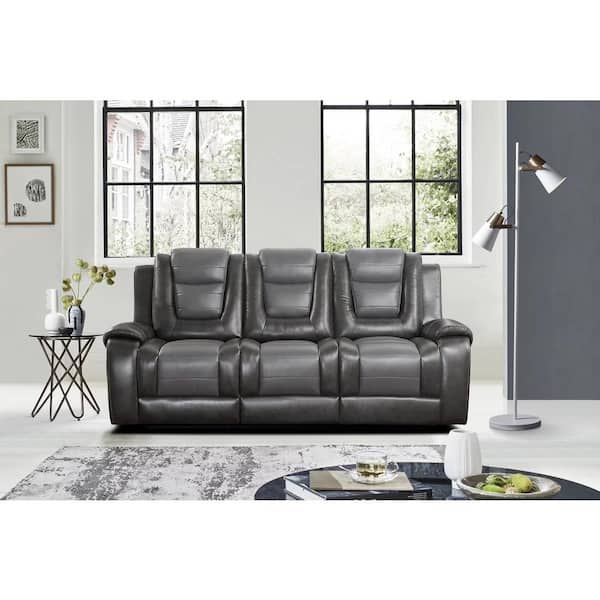 Lazzara Danio 85.5in. W Straight Arm Faux Leather Rectangle Manual Reclining Sofa w/ Center Drop-Down Cup Holders in 2-tone Gray