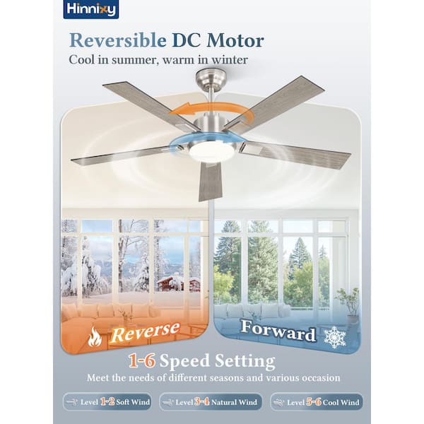 HINNIXY 52 in. Indoor Brushed Nickel Dimmable 6-Speed Quiet