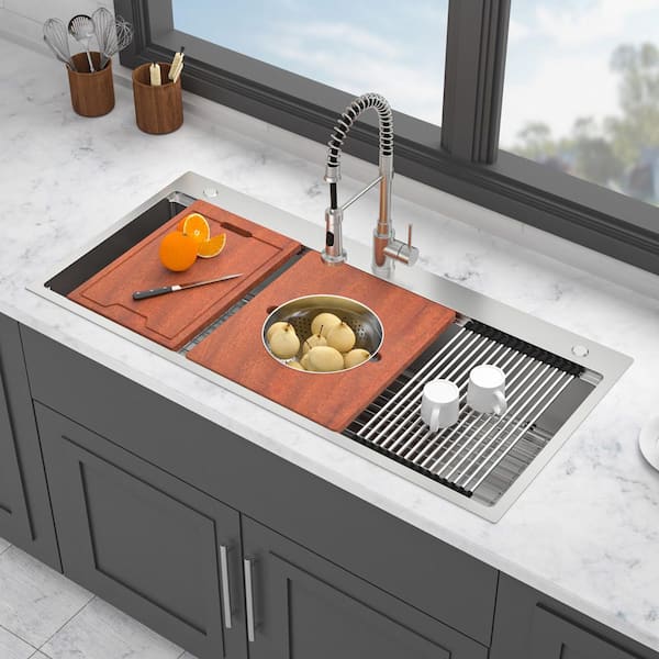 42 in. Drop-In Single Bowl 16 Gauge Stainless Steel Brushed Nickel Kitchen Sink with Workstation