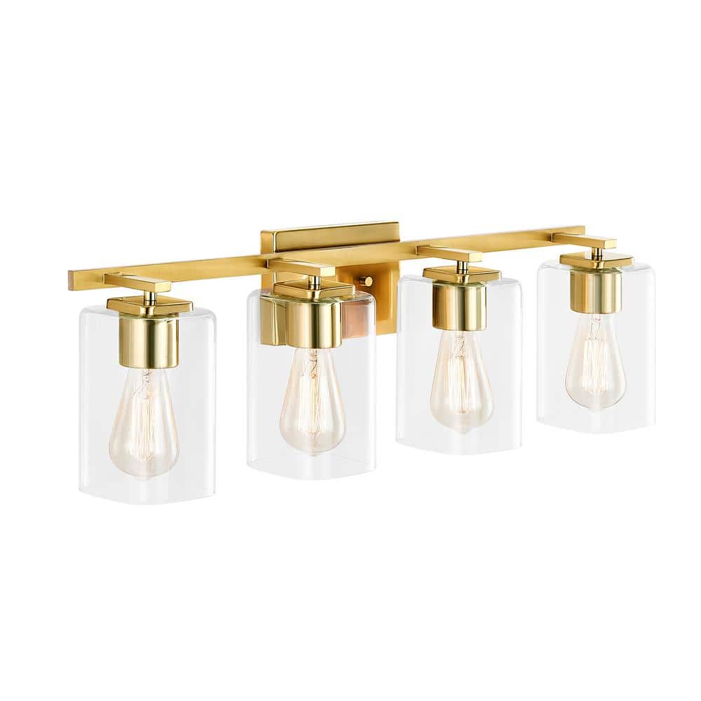 KAWOTI 29 in. 4-Light Gold Bathroom Vanity Light with Rectangle Glass Shades 21219 - The Home Depot