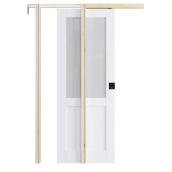 ARK DESIGN 32 in. x 80 in. 1/2 Frosted Glass White Primed Wood Pocket Door with Door Hardware Kit (Soft Close and Black Lock Incl)