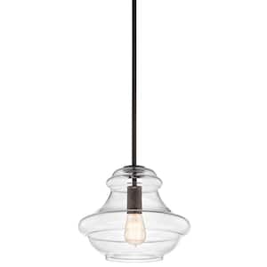 Everly 10.25 in. 1-Light Olde Bronze Transitional Shaded Kitchen Pendant Hanging Light with Clear Glass